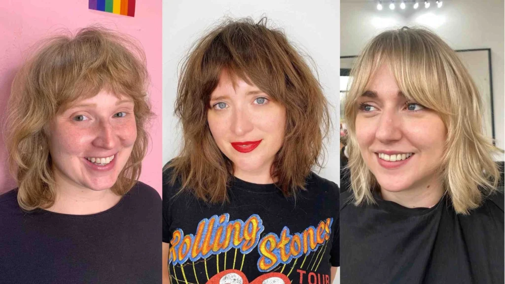 Three women with different versions of shaggy bob haircuts light auburn, brunette, and blonde showing layered, textured, and soft fringe styles.