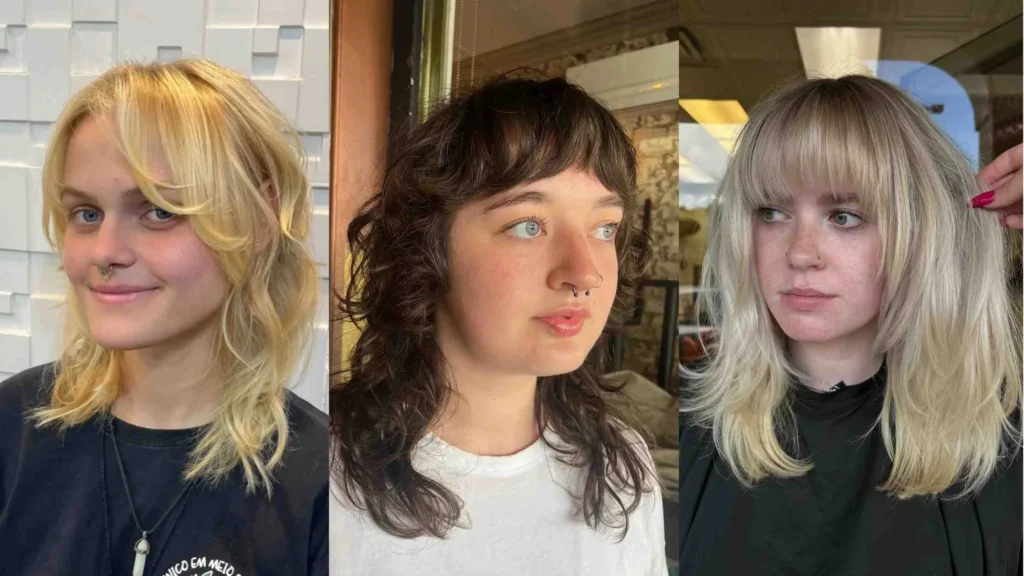 Three women with stylish shaggy haircuts blonde layered shag with curtain bangs, dark textured shag with micro fringe, and light blonde shag with full bangs, showing volume and natural movement.