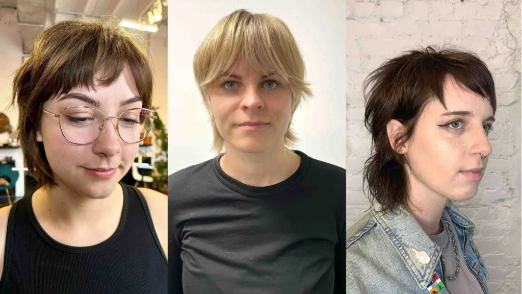Three women with stylish short wolf haircuts featuring layered textures and soft fringe in brunette, blonde, and dark brown tones modern and low-maintenance.