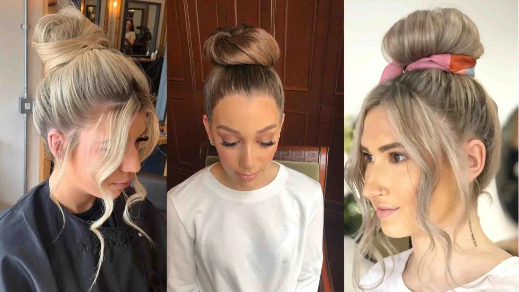 Three women with different Top Knot Hairstyles a messy textured bun with loose curls, a smooth high bun, and a soft top knot tied with a scarf perfect for quick and stylish everyday looks.