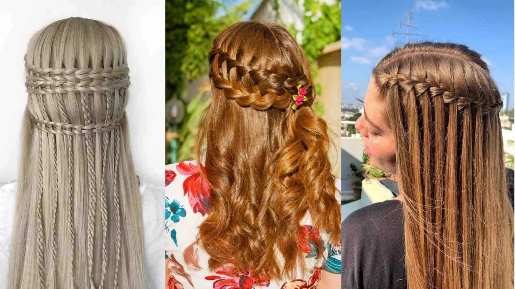 Woman with soft, flowing Waterfall Braid Hairstyle featuring loose waves and warm highlights elegant, feminine style perfect for women over 40.