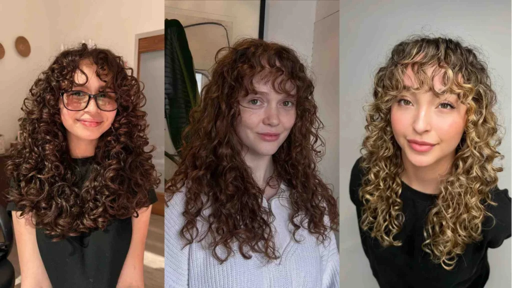Women with curly hair and wispy bangs showcasing soft, face-framing curls in natural brunette and blonde tones.