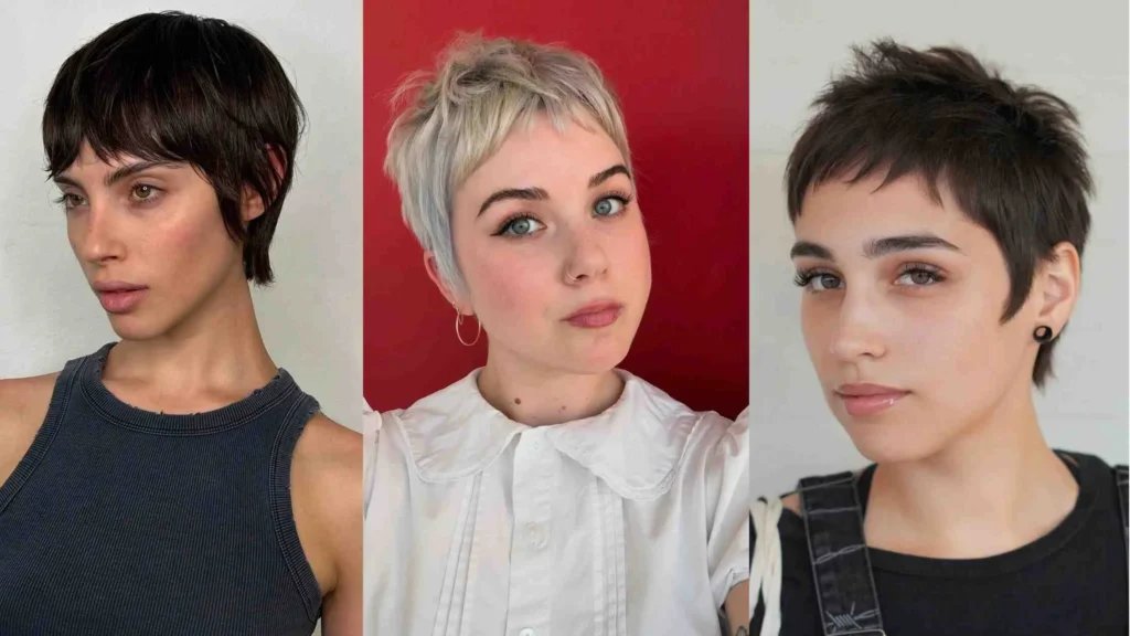 Three women with short wispy pixie hairstyles in brunette, platinum blonde, and deep brown tones—showcasing soft layers, airy texture, and a modern polished finish.