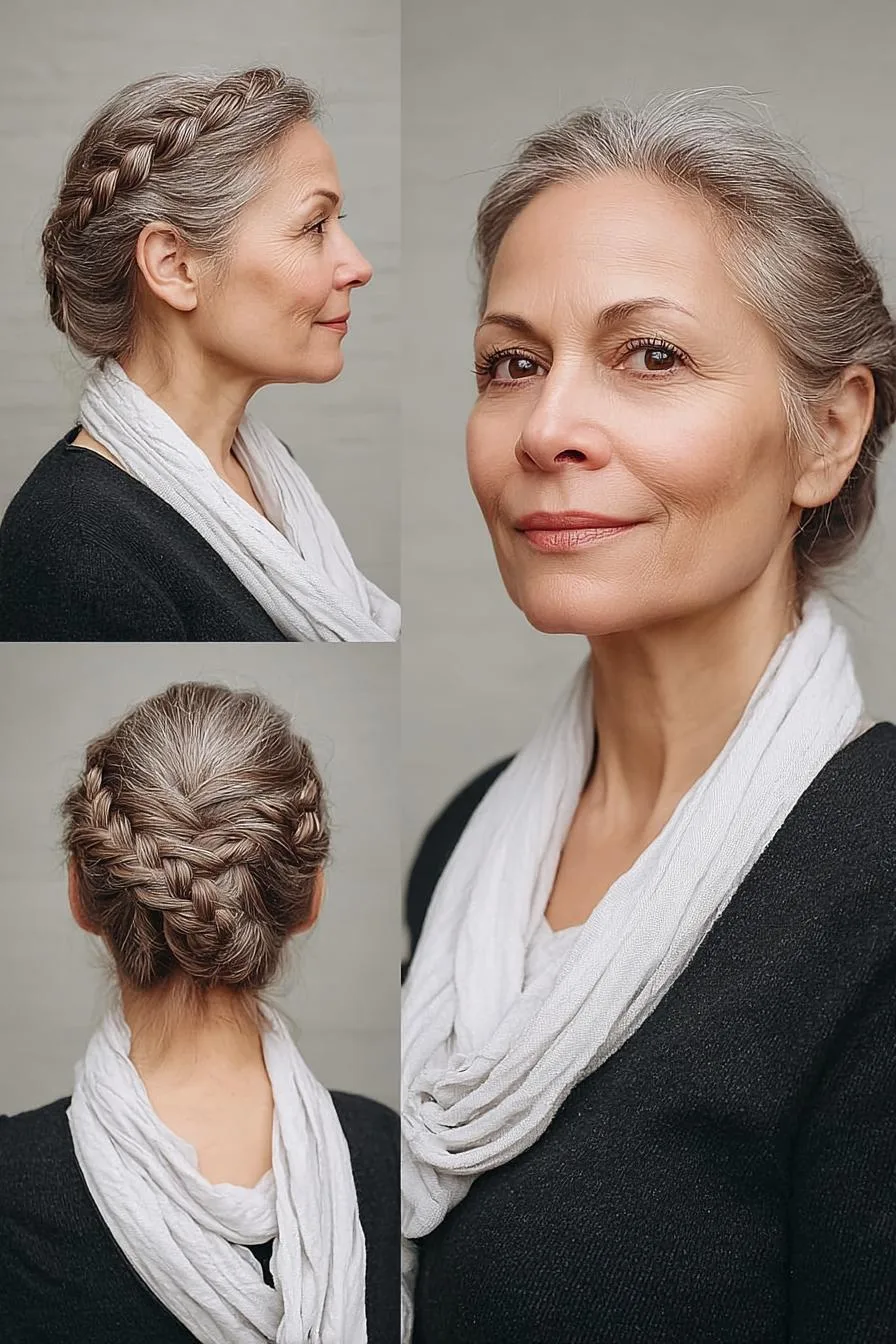Graceful braided gray updo