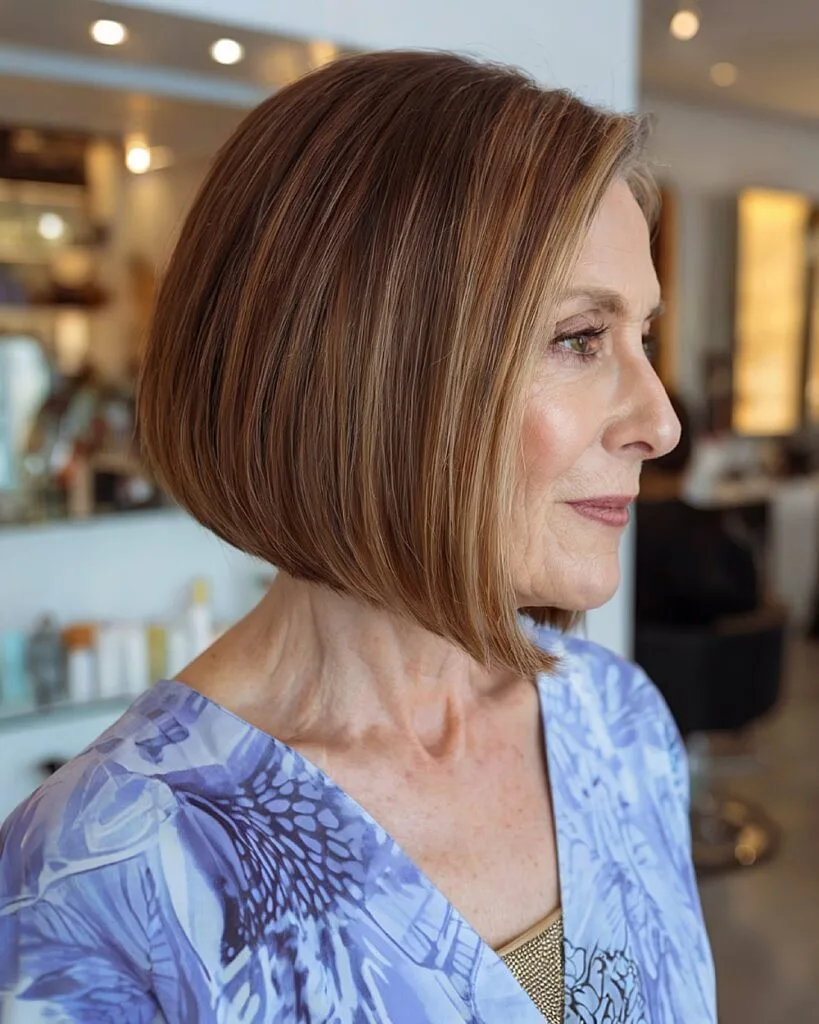Angled bob for older women with sleek sides and tapered nape ends