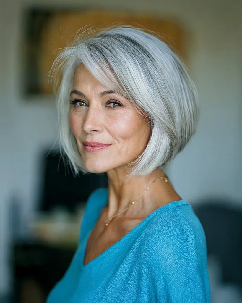 Angled bob haircut for women over 60 with deep side part and sleek gray-blend finish