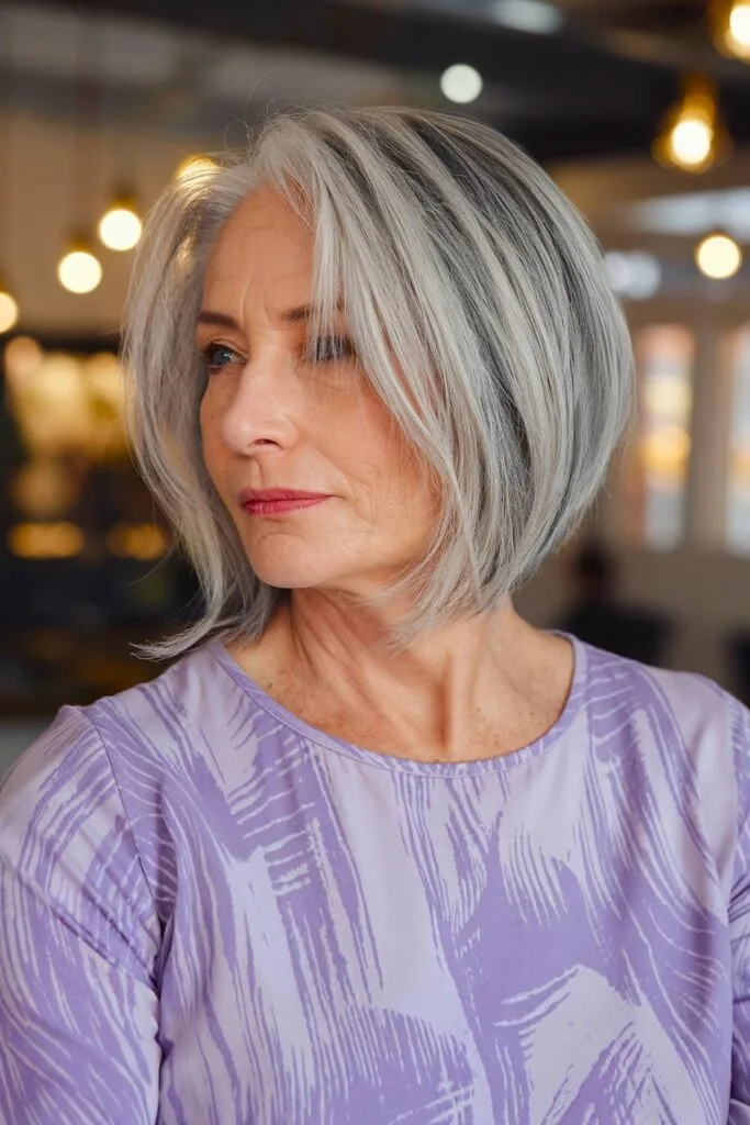 Angled bob haircut with soft layers and grey tones, perfect for older women seeking a chic and youthful style