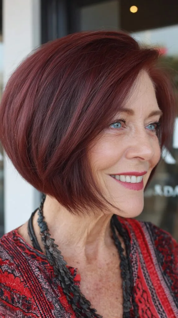 Angled Burgundy Stacked Bob with Soft Face-Framing Layers