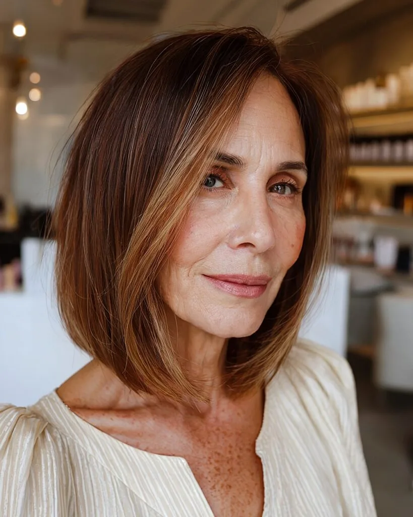 Angled long bob for women over 60 with deep side part and face-framing length