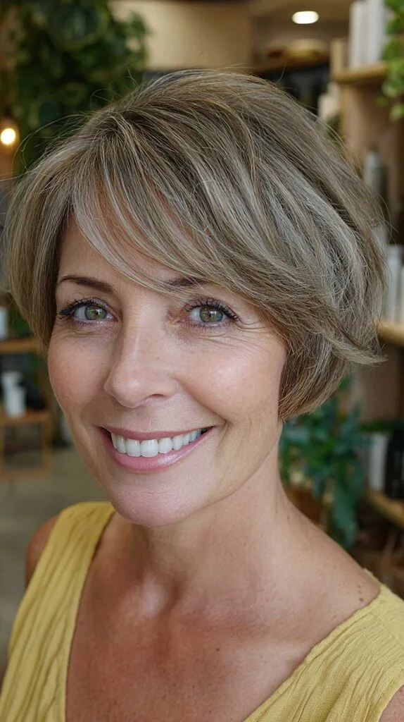 Ash blonde feathered short crop with sweeping fringe