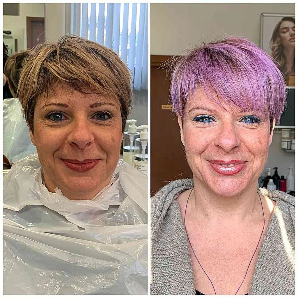Asymmetrical Pixie with Lavender Highlights for Women in their 50s
