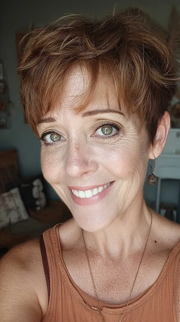 Auburn feathered pixie with choppy textured top