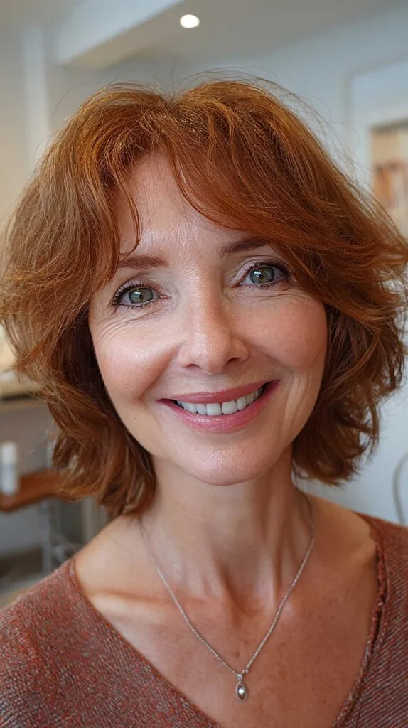 Auburn wavy bob with soft curtain bangs