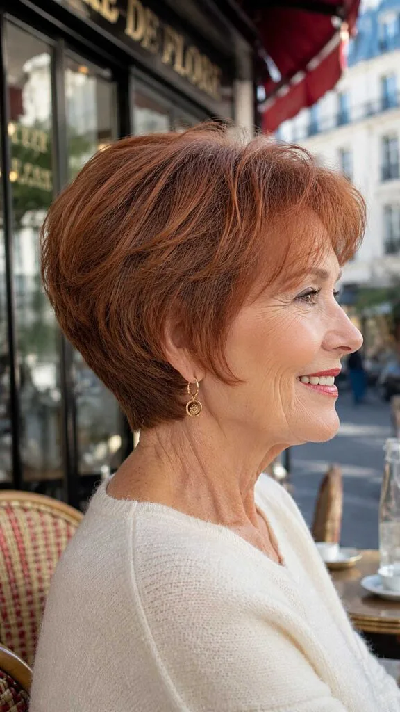 Auburn wedge with swooping layers and side bangs