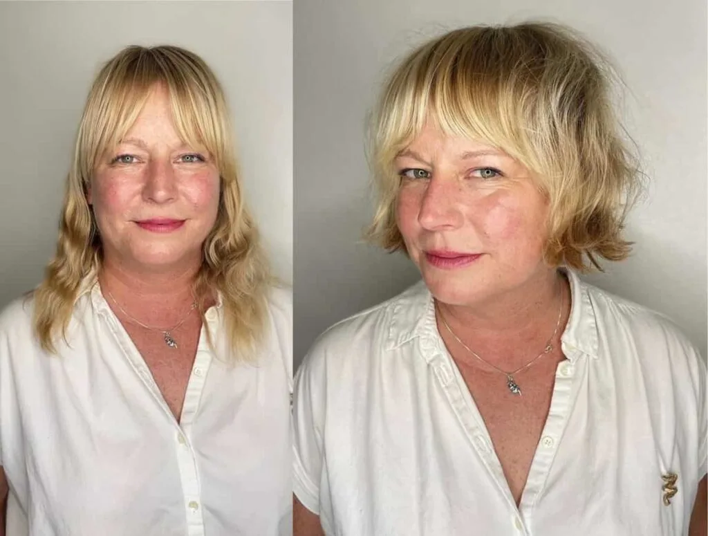 Bangs-enhanced face-framing bob for women over 50