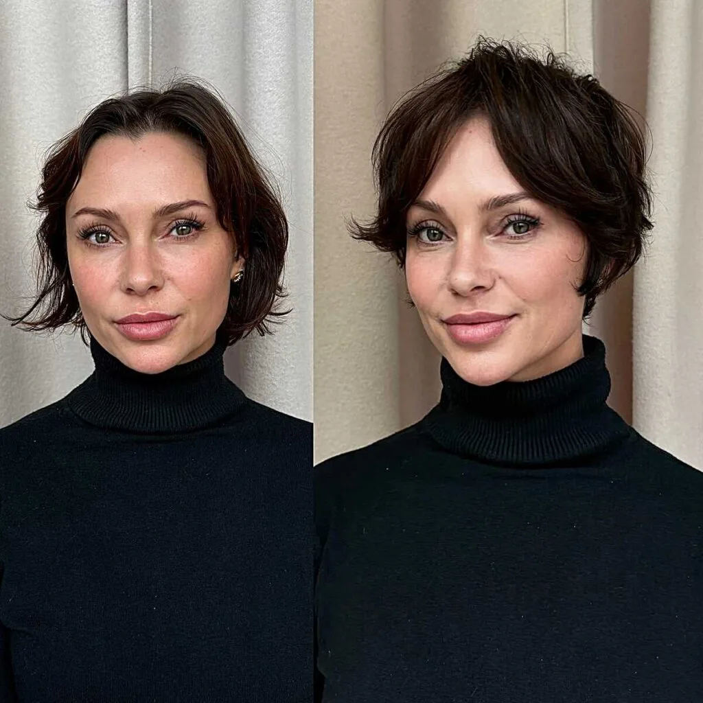 Before and after bob to textured dark brunette bixie