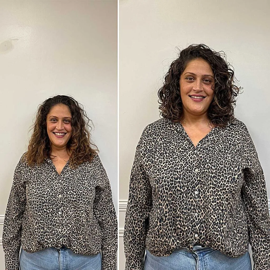 Before and after curly bob transformation on dark wavy hair
