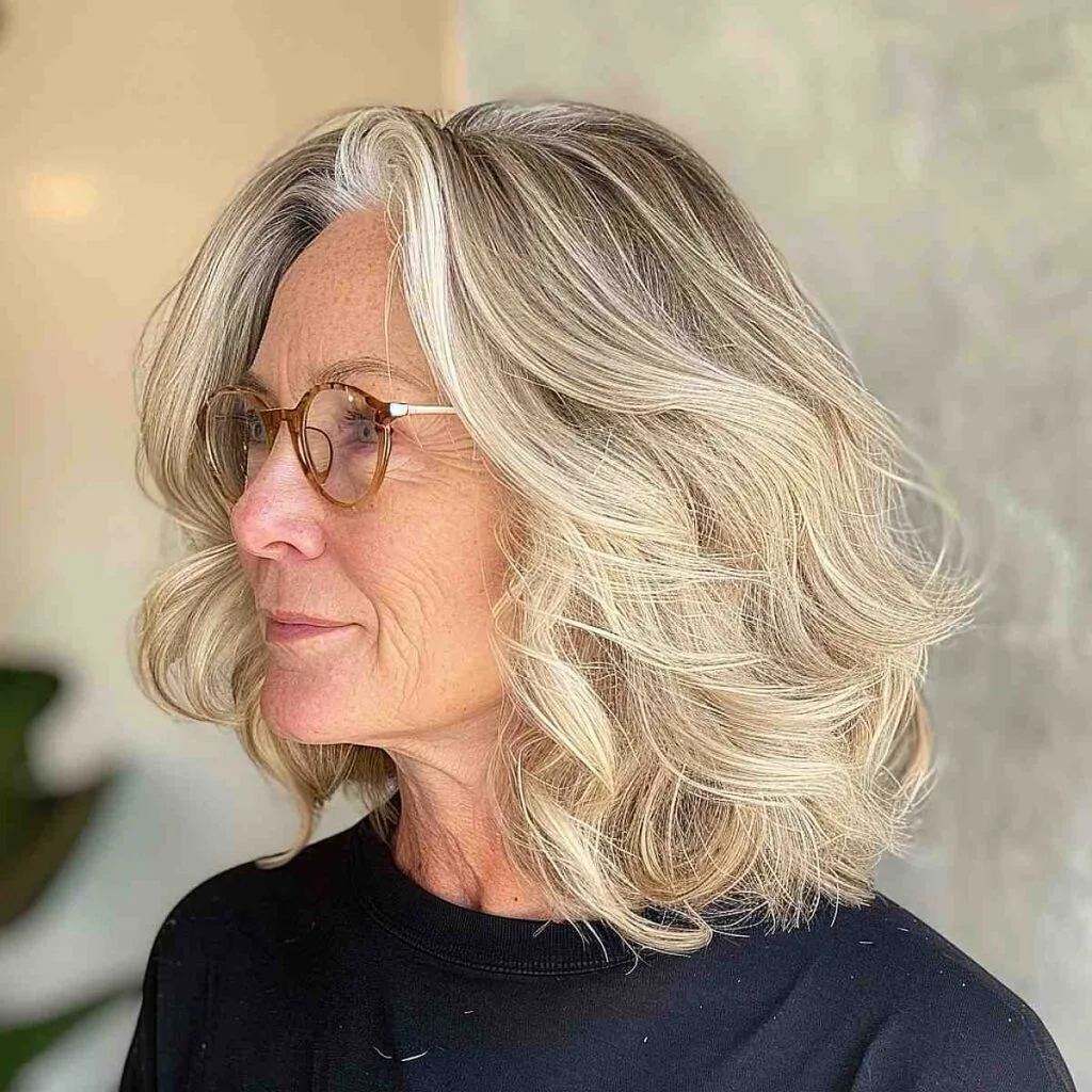 Beige blonde hair color with glasses for women over 50