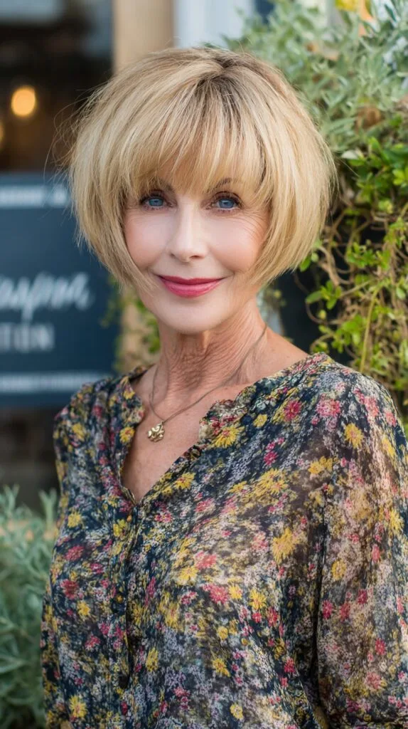 Blended Blonde Short Bob with Rounded Fringe