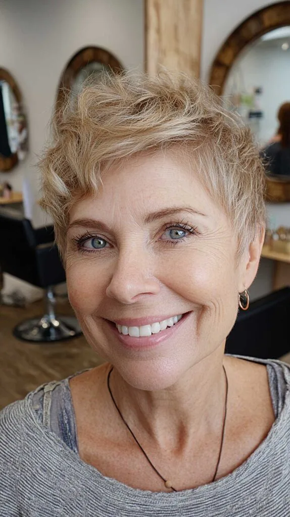 Blonde curly cropped pixie with height on top