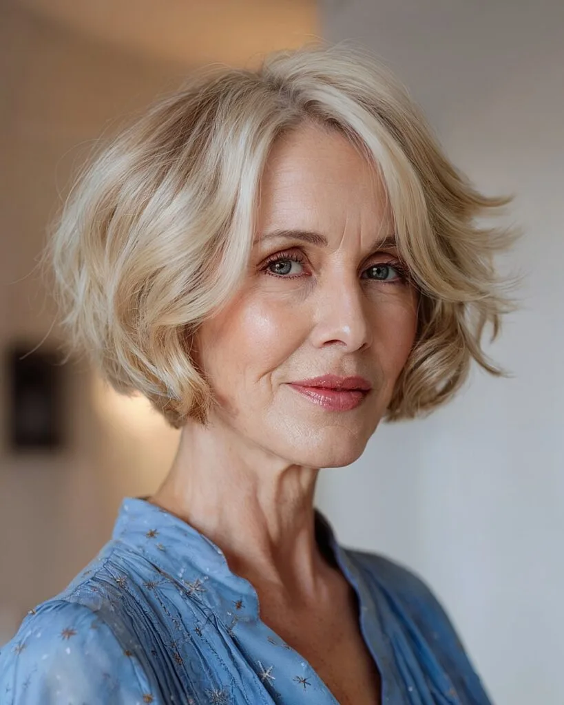 Blonde inverted bob over 60 with soft layering and face-framing highlights