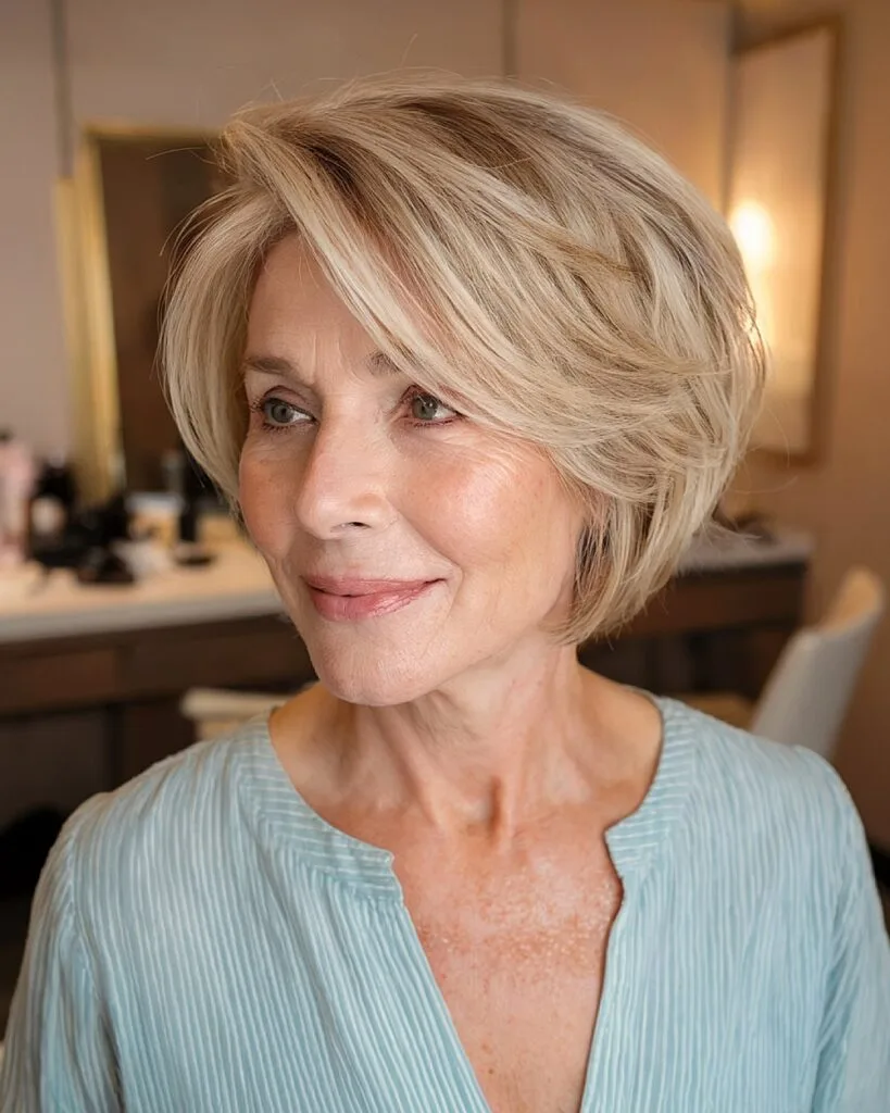 Bob haircut with crown lift for women over 60 and soft mid-length layers