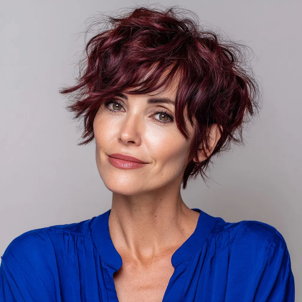 Bold Textured Pixie Cut with Rich Burgundy Highlights