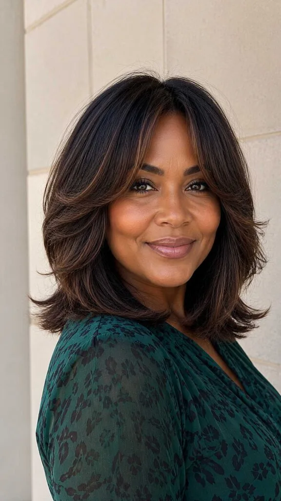 Bouncy Dark Chocolate Shoulder Cut with Swooping Curtain Fringe