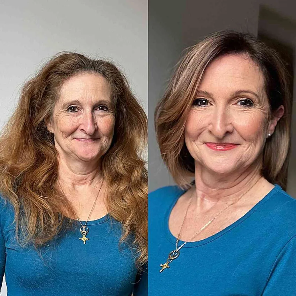 Brunette Lob Hairstyle with Sun-kissed Blonde Highlights and a Side Part for women past their 50s