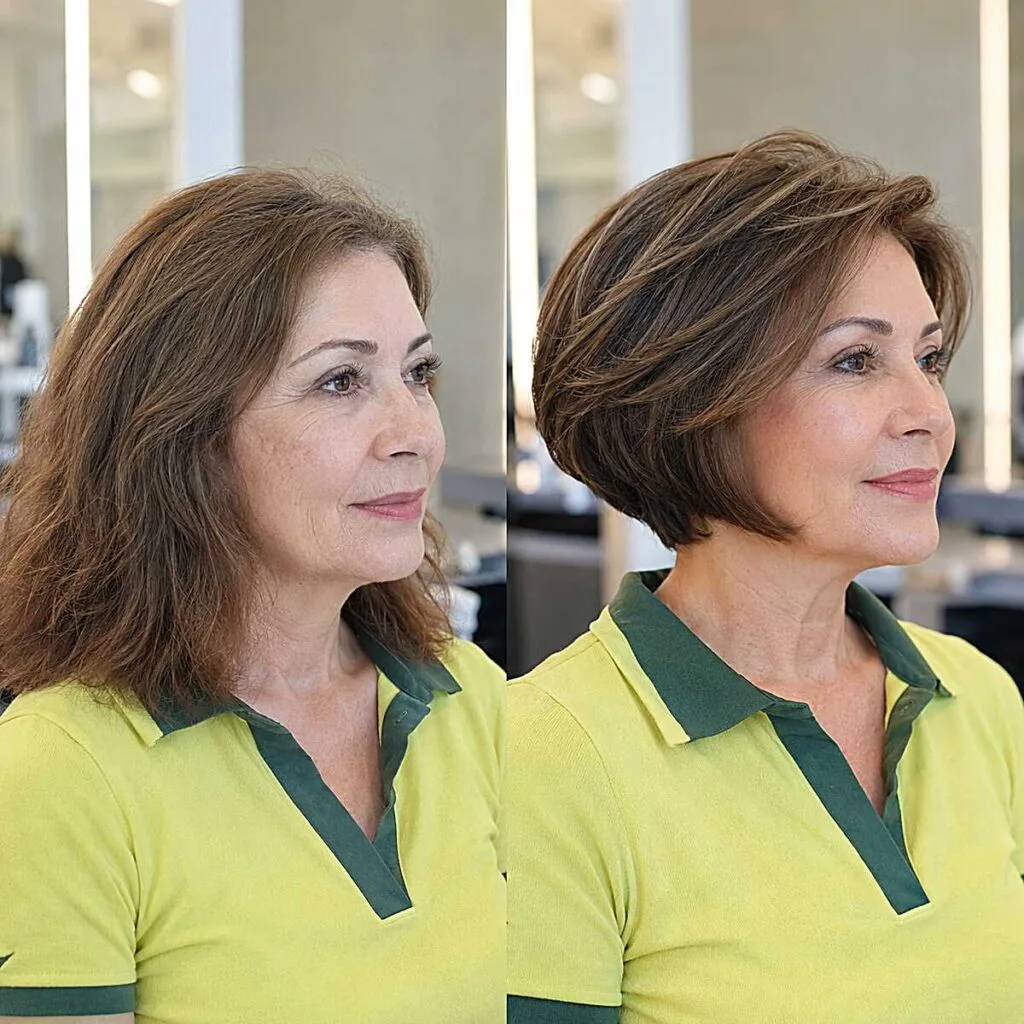 Brunette Stacked Bob Transformation with Feathered Crown Layers