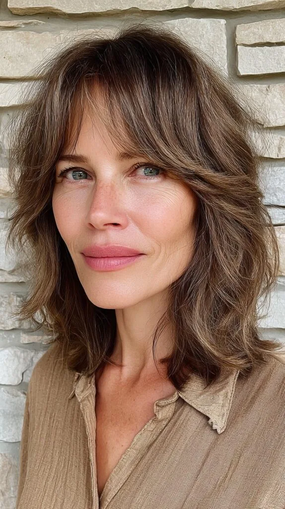 Brunette Tousled Lob with Dynamic Curtain Bangs