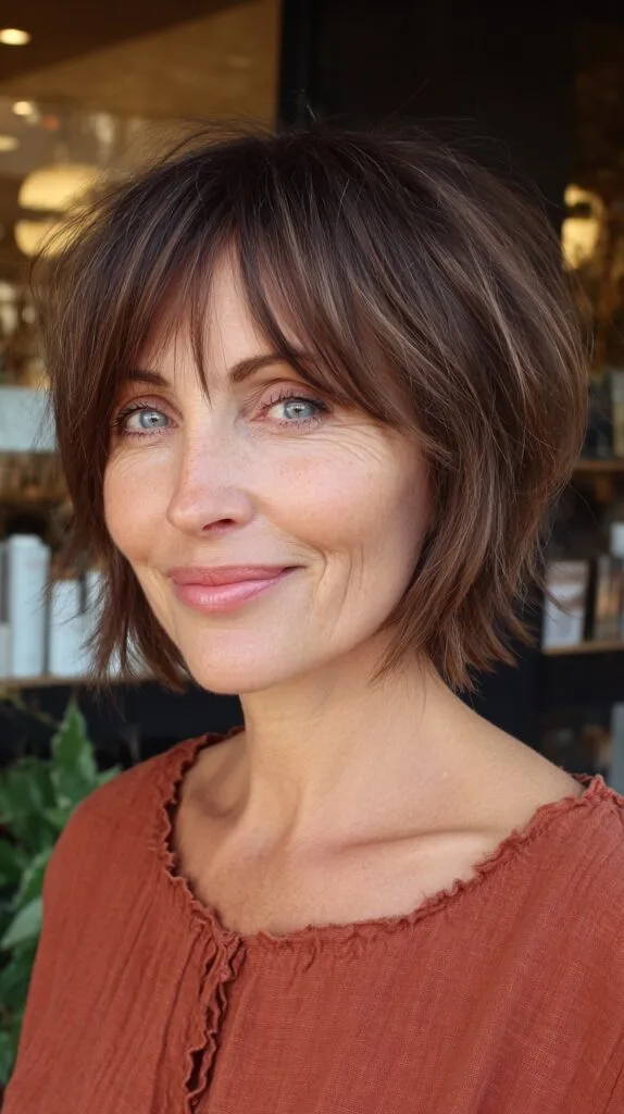 Brushed-Back Choppy Bob with Wispy Curtain Bangs