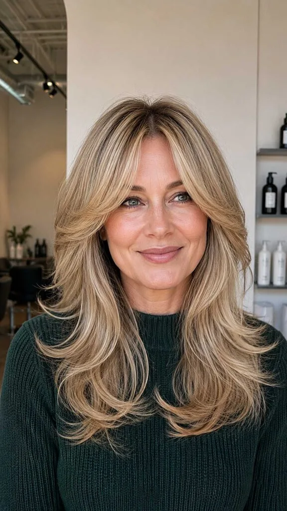 Buttery Blonde Blowout Layers with Sweeping Curtain Fringe