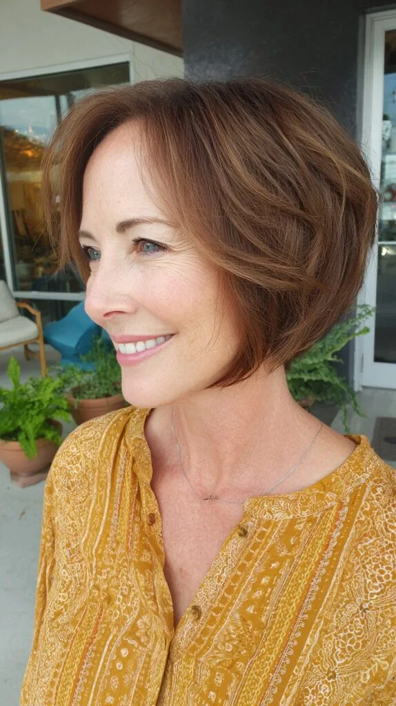 Chestnut Angled Short Bob with Face-Framing and Lifted Crown