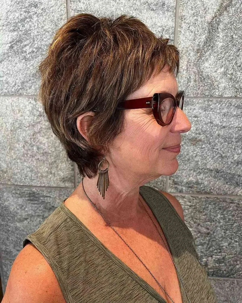 Chestnut Brown Chic Shag for Ladies Over 60 with Glasses