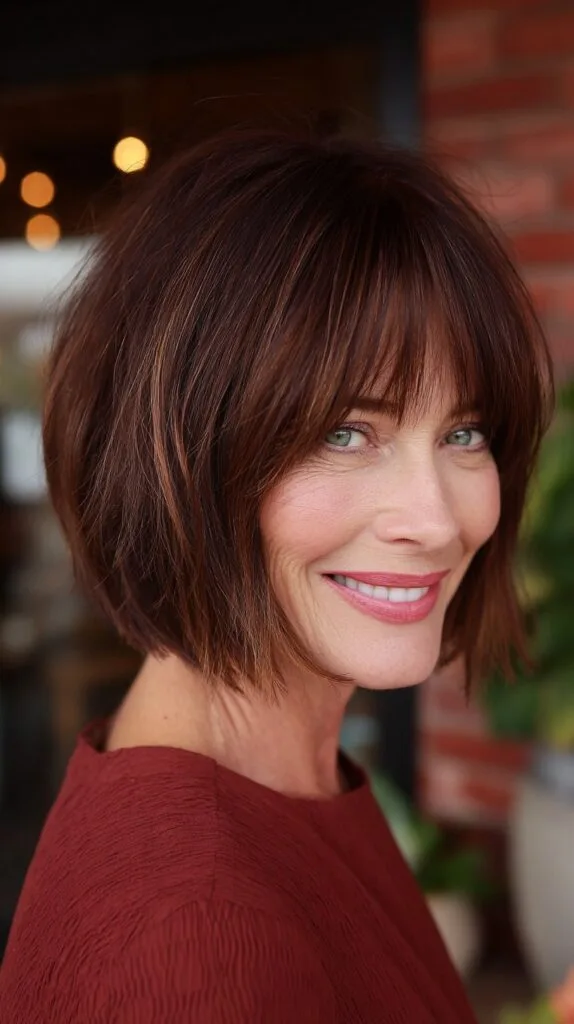 Chestnut Textured Chin-Length Bob with Subtle Caramel Babylights