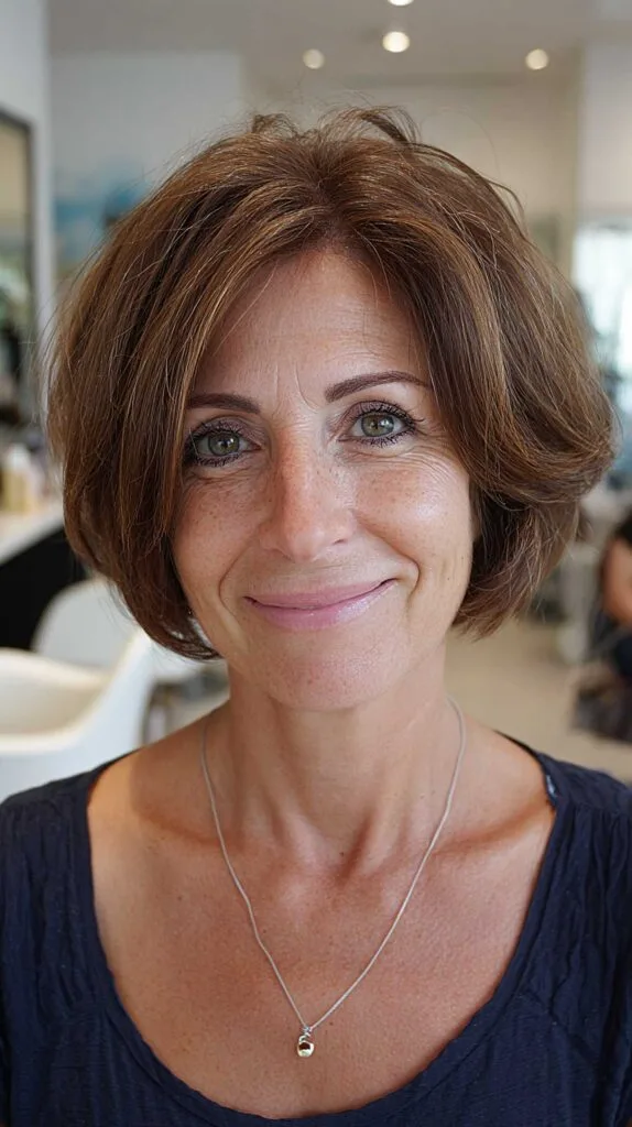 Chestnut tousled chin-length bob with root volume