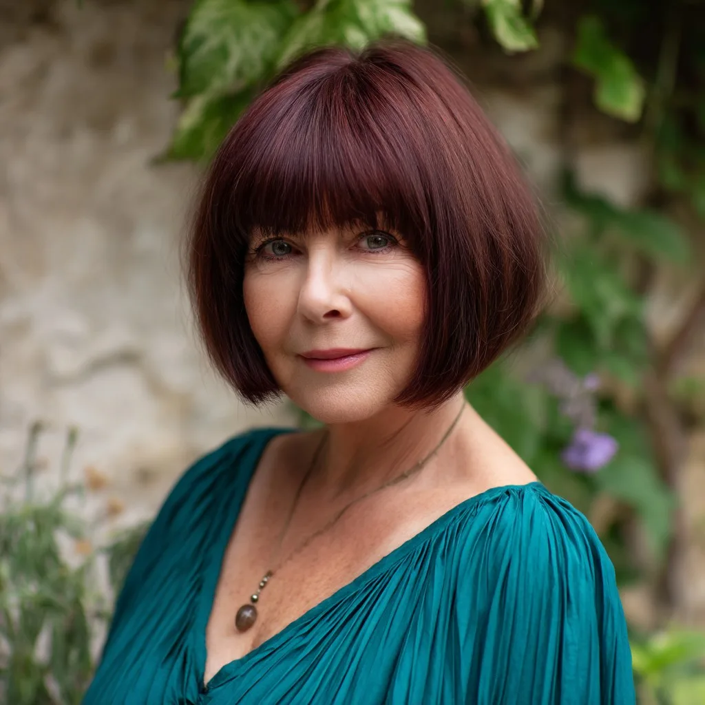 Chic Burgundy Bob with Soft Blunt Fringe