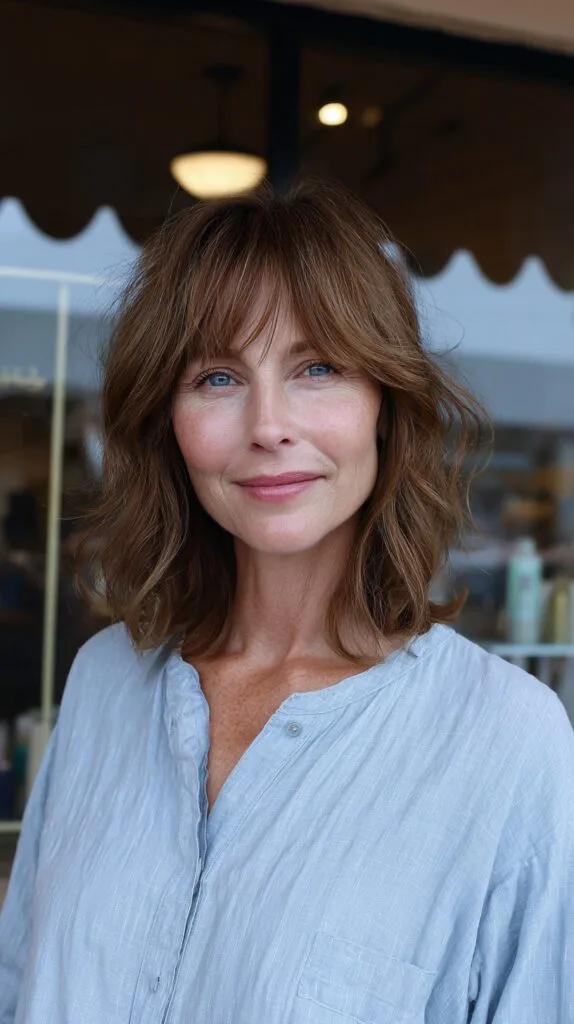 Chic Chestnut Lob with Layered Curtain Bangs