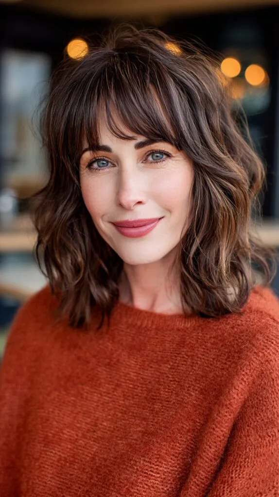 Chic Chestnut Waves with Bangs