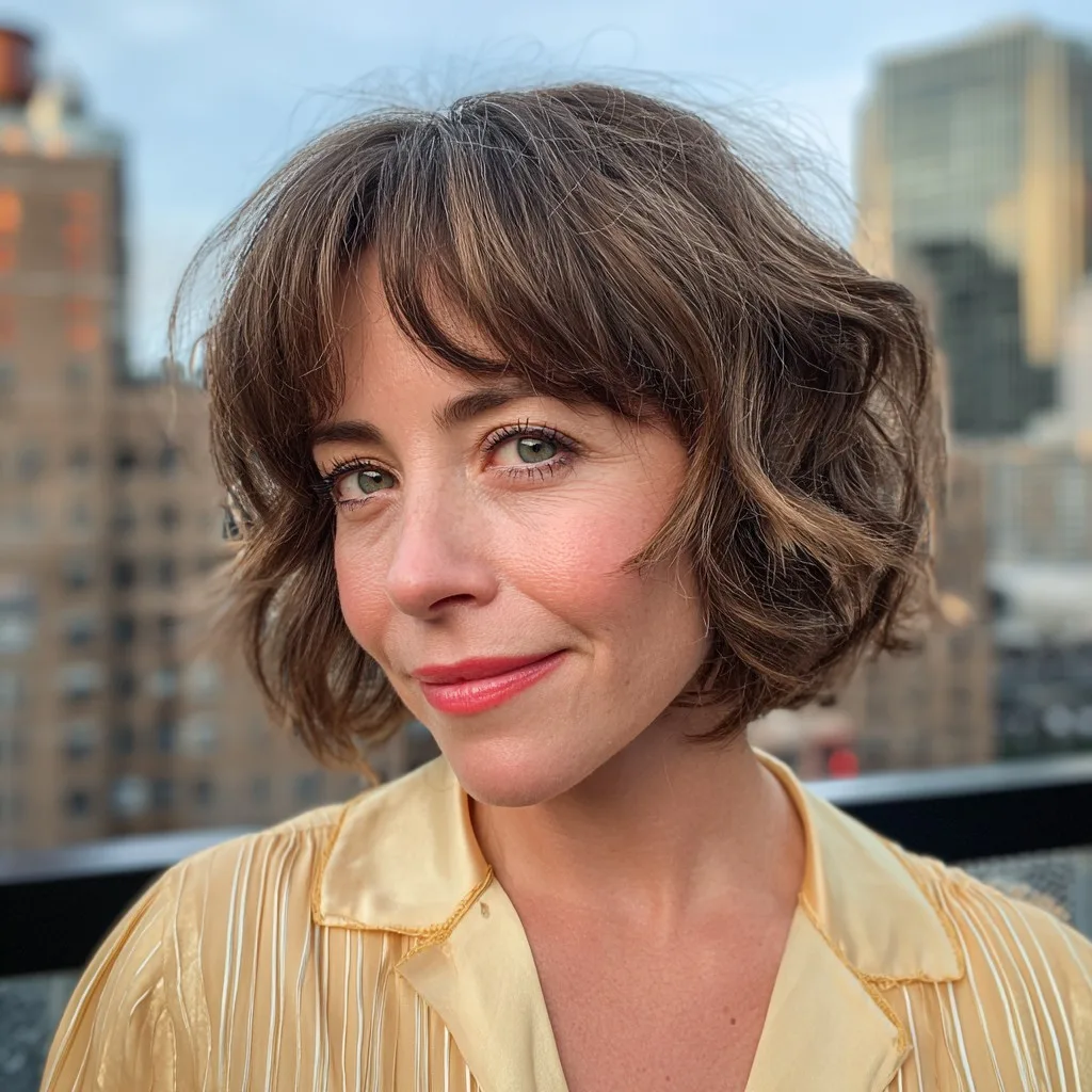 Chic Curly Bob with Soft Curtain Bangs