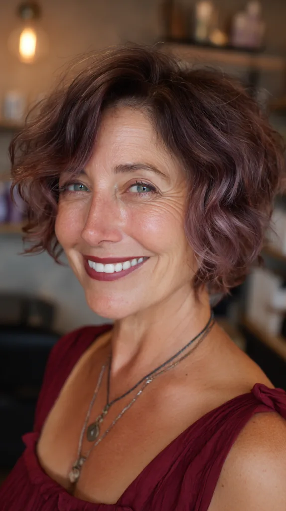Chic Curly Butterfly Cut with Soft Plum Highlights