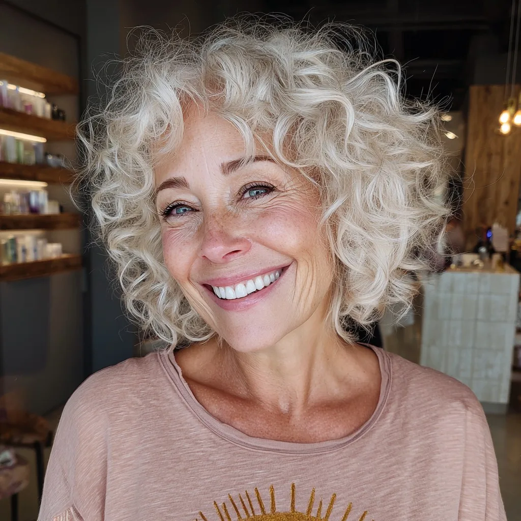Chic Curly Platinum Blonde Bob with Soft Volume