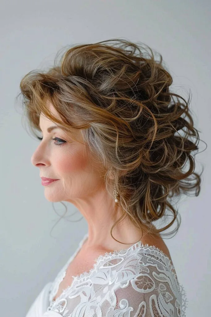 Chic curly updo hairstyle for mothers of brides over 50