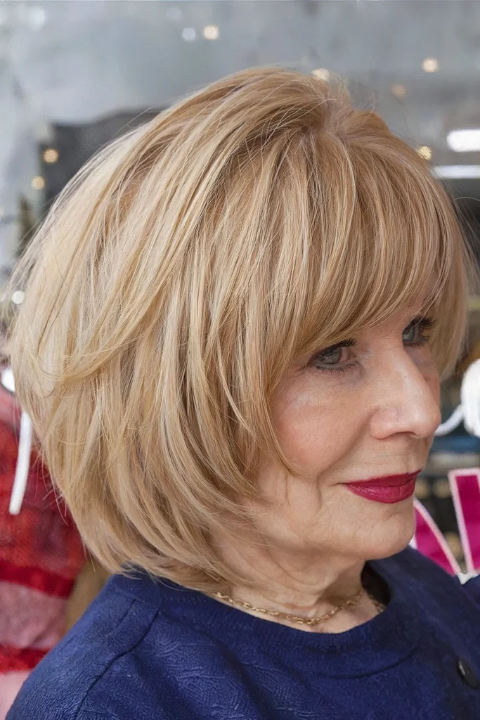 Chic Face-Framing Bob Cut with Bangs for Women Over 60 with a light brown balayage