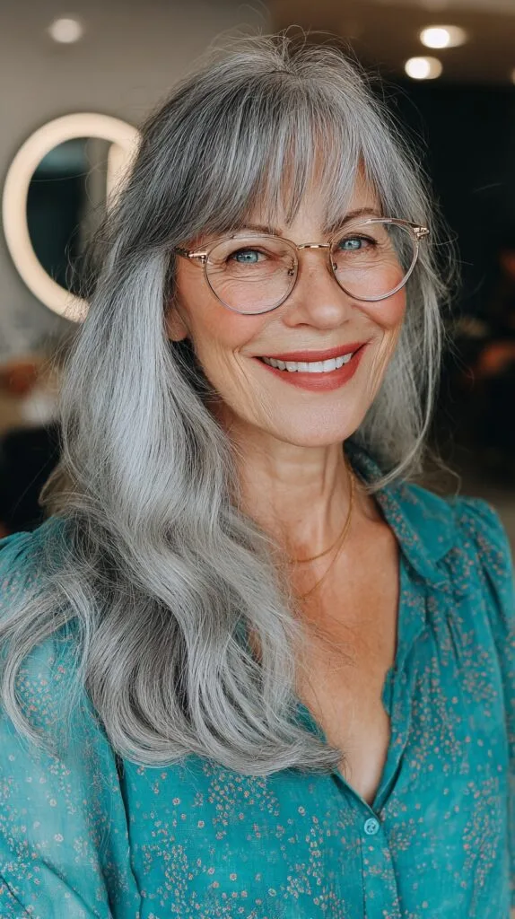 Chic Long Silver Waves with Subtle Bangs