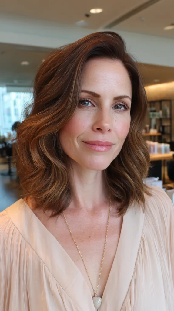 Chic Medium-Length Soft Waves with Rich Caramel Highlights