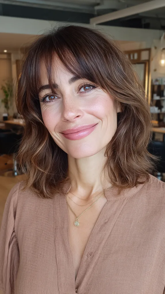 Chic Medium-Length Textured Hair with Soft Bangs
