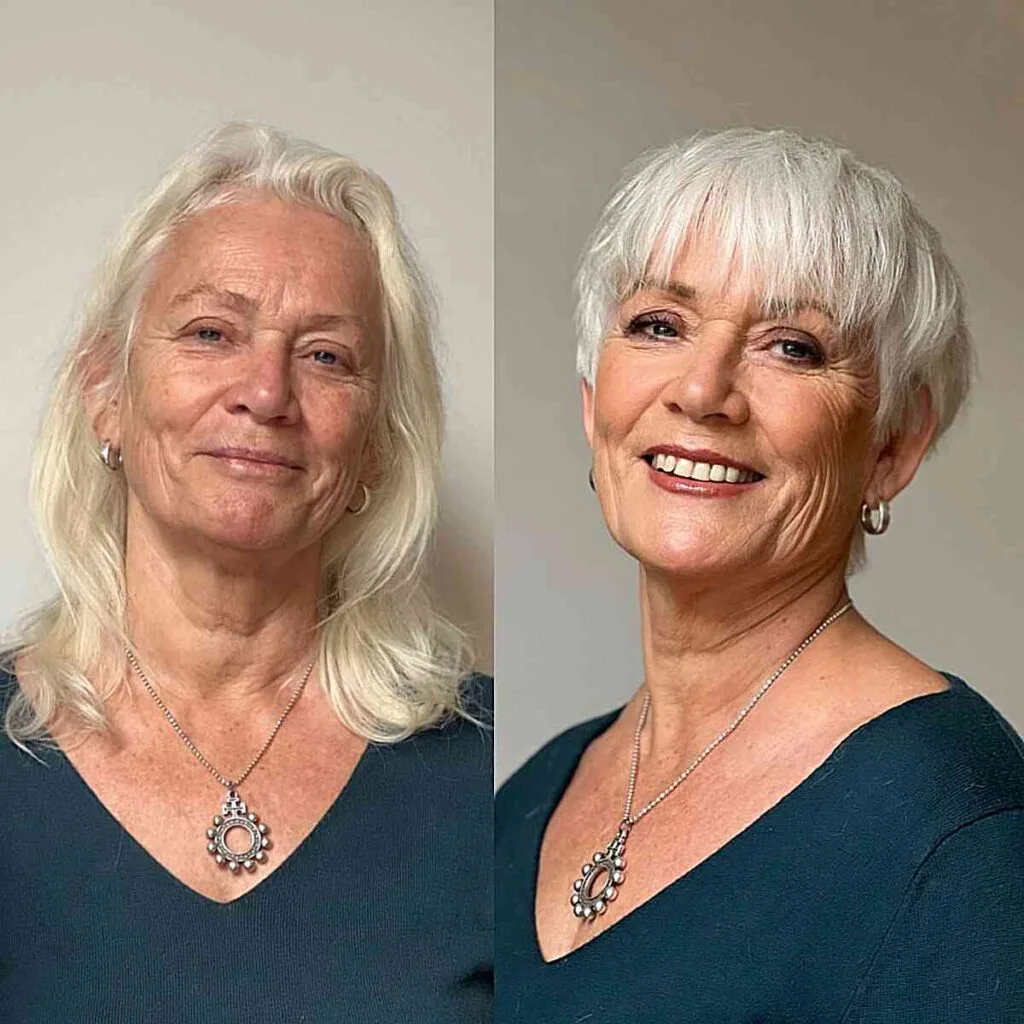 Chic Platinum Choppy Pixie Bowl Cut on Women Over 50 with Fine Hair