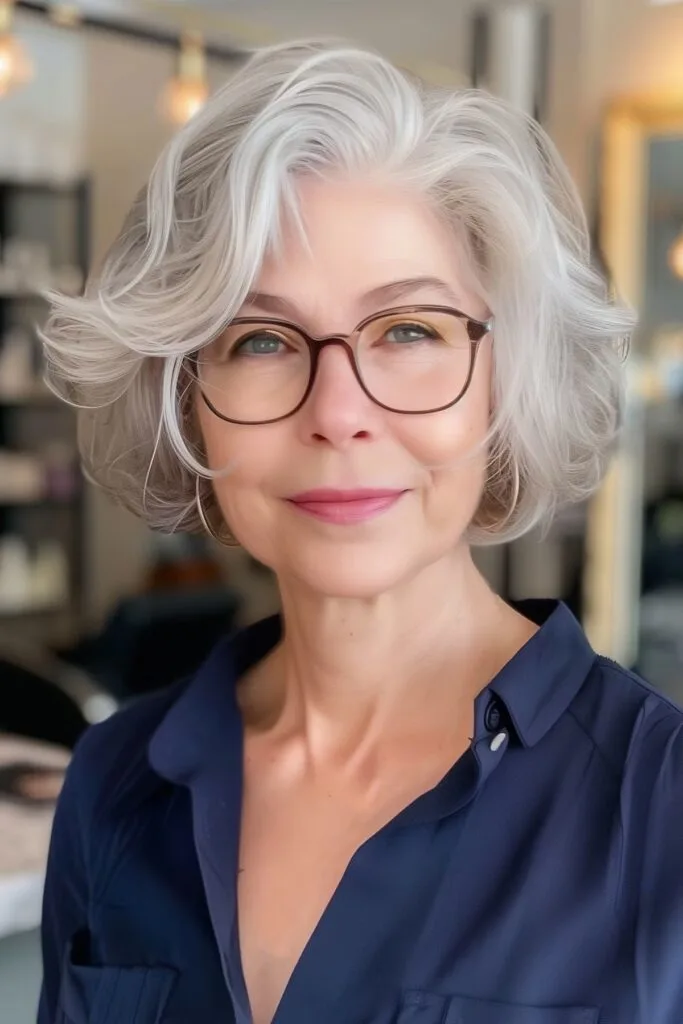 chic short shag hairstyle for 60+ women with glasses